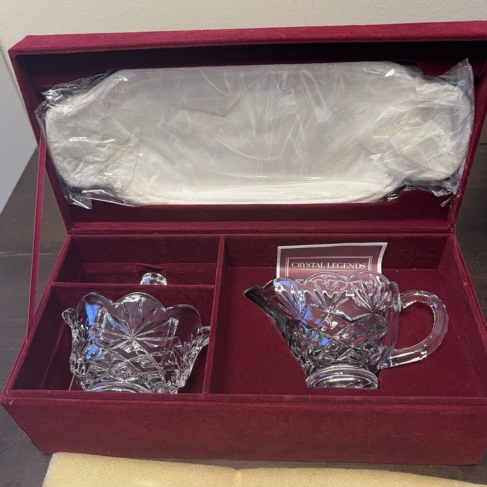 Crystal Legends By Godinger Creamer Sugar Bowl & Tray Serving Set w/Velvet Case